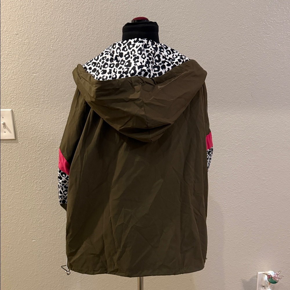 Olive Hooded Anorak Jacket with Pink, Blue & Leopard Accents - Picture 4 of 6